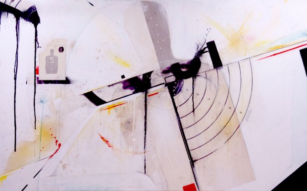 Found target, ink, coffee, pencil, watercolor and varnish on canvas. 48" x 24"