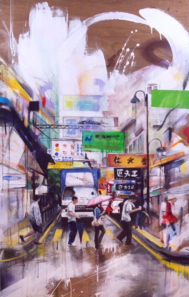 Oil, spray paint, ink and pencil on wood panel. 24" x 48"