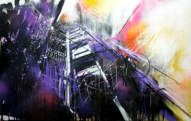 Collaboration w Kenji Nakayama. Spraypaint, ink and enamel on wood panel. 4' x 2'